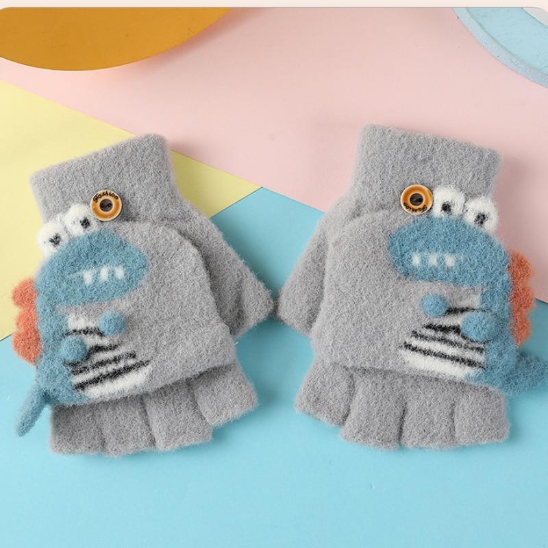 Kawaii Cartoon Dino Kids Gloves Half Finger Flip Gloves for Boys Girls Children Winter Warmth Writing Gloves 3-6T