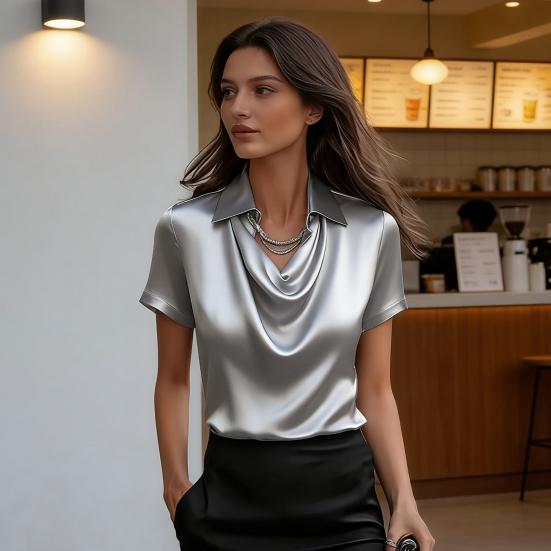 Damen Oberteile Revers Schwingender Kragen Kurzarm Lässiges Hemd Glattes Satin Lockere Passform Sommer Hemd Oberteile Tägliche Kleidung