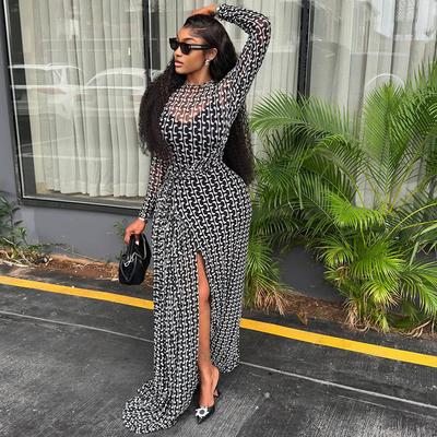 European and American Temperament Commuter Women's Clothing Split Fork Slightly Transparent Waist Hip Skirt Printed High Neck Long Sleeve Dress Tide