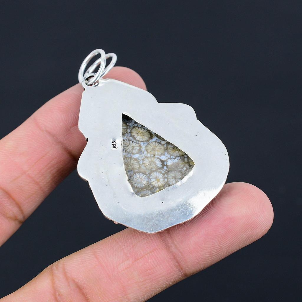 Daughters Day Deal 925 Silver Natural Fossil Coral Bezel Root Chakra New Pendant