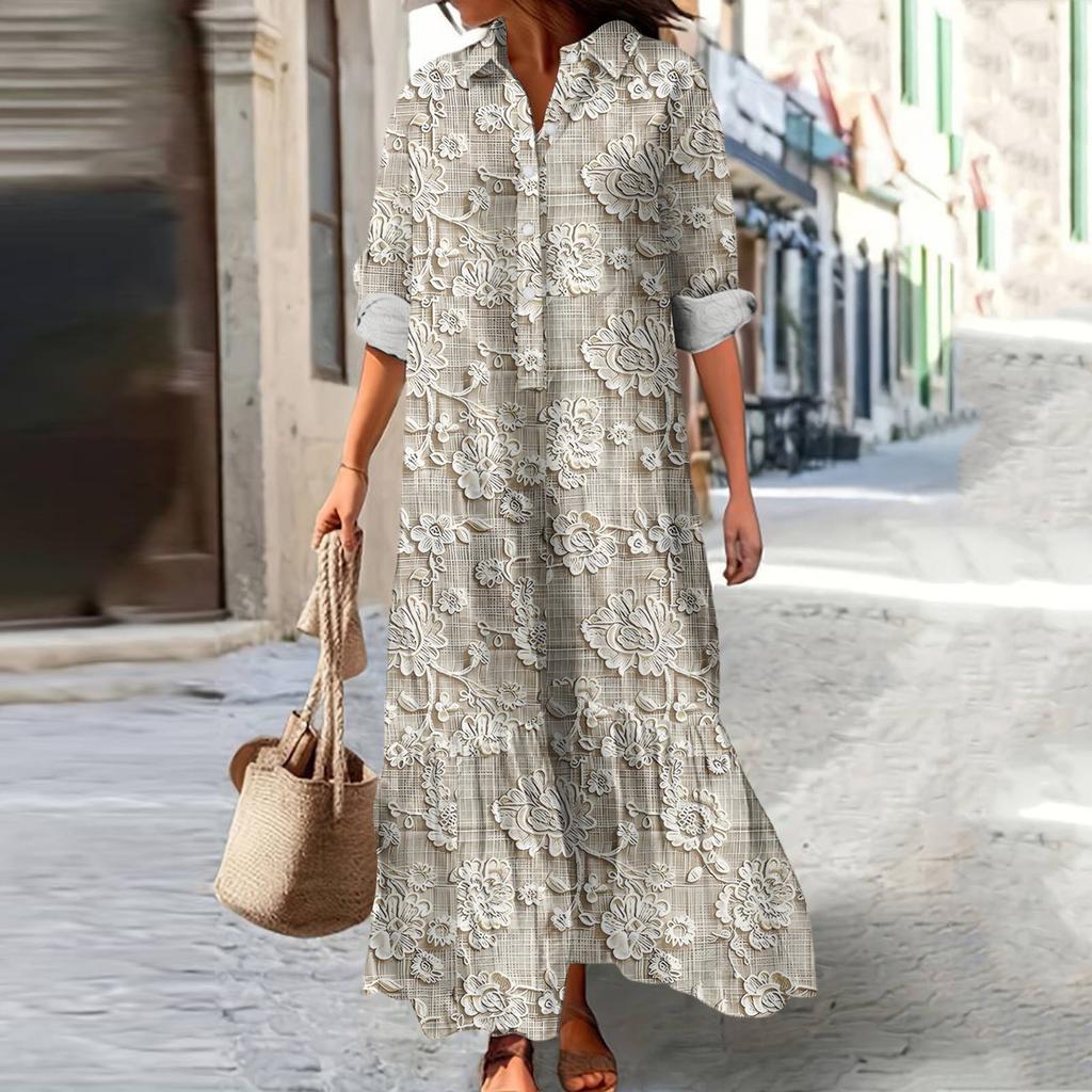 Women's Fashionable And Elegant Autmn And Winter Button Lapel Three-quarter Sleeve Three-dimensional Printed Dress