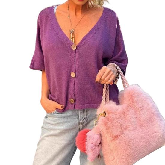 

Yousheng женские топы с V-образным вырезом, рукавом до локтя, пуговицами, планкой, свободный крой, однотонные летние повседневные трикотажные топы S фиолетовый