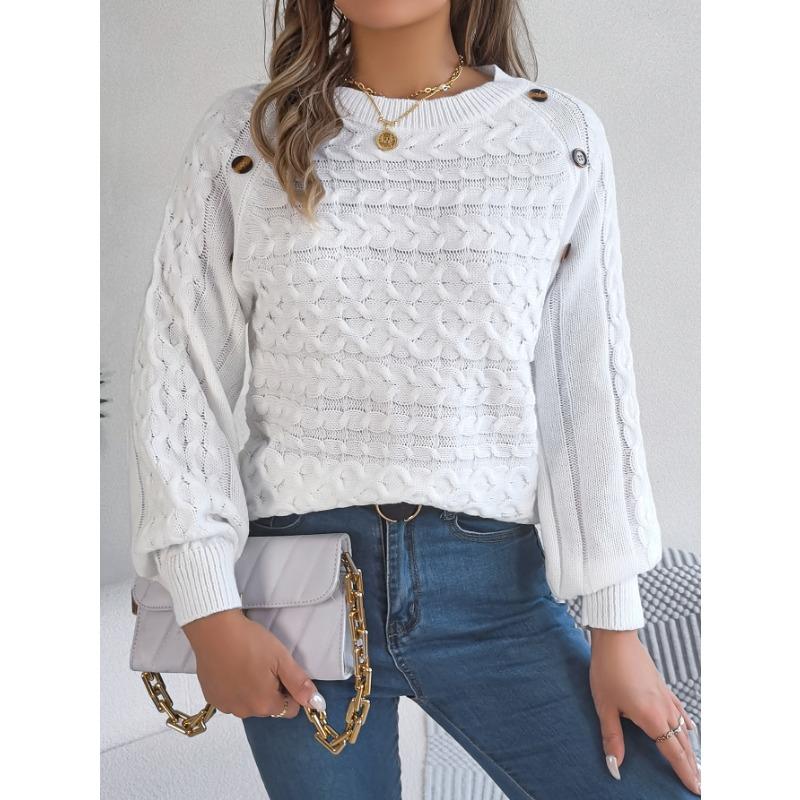 Neuer einfarbiger Pullover mit gedrehten Knöpfen und Laternenärmeln für Damen im Herbst und Winter
