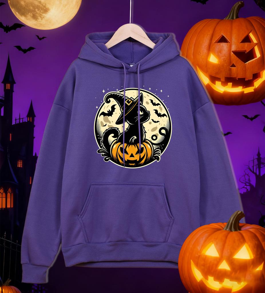 Halloween Kitten Stands On The Pumpkin Printing Men Hoodies Loose Hoody Fleece Casual Streetwear All-Match Comfortable Clothing
