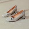 Square Head High Heels Thick Heel Shallow Mouth Single Shoes 2025 Spring New Large Size Women's Shoes Bow French Medium Heel Shoes