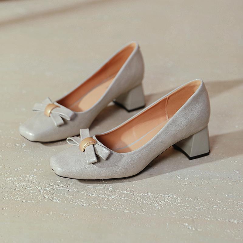 Square head high heels thick heel shallow mouth single shoes 2025 spring new large size women's shoes bow French medium heel shoes