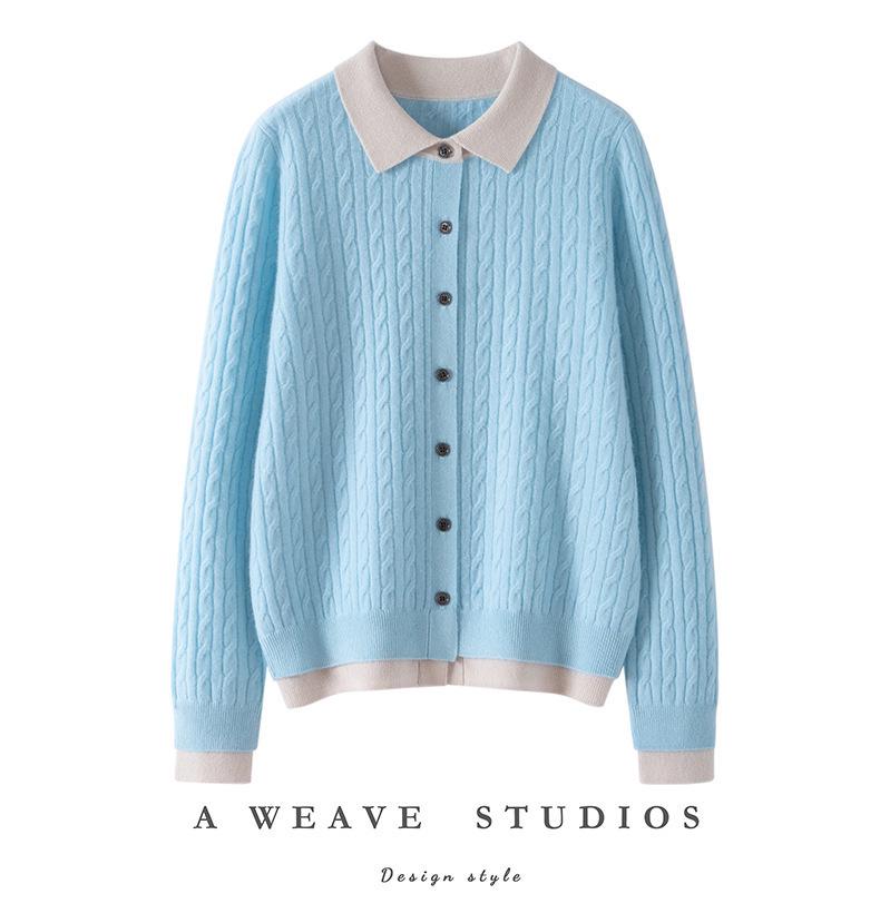 Women's Cashmere Blend Two-Tone Cable Knit Cardigan, Faux Two-Piece, Fold-Over Sweater, Loose Wool Coat