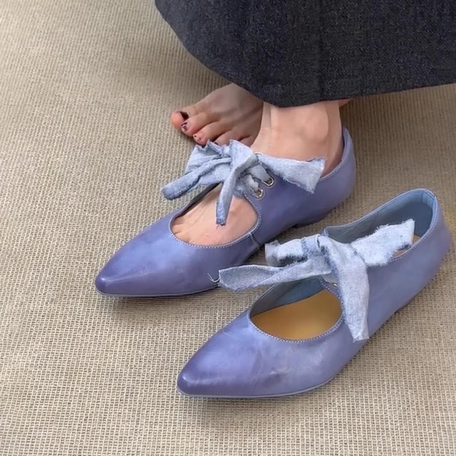 Sheepskin Version~ Retro Pointed Head Bow Ballet Single Shoes Lace-up Low-heeled Mary Jane Shoes Light Mouth Temperament Flats