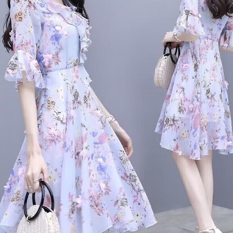 La Chapelle Floral Chiffon V-Neck Dress L