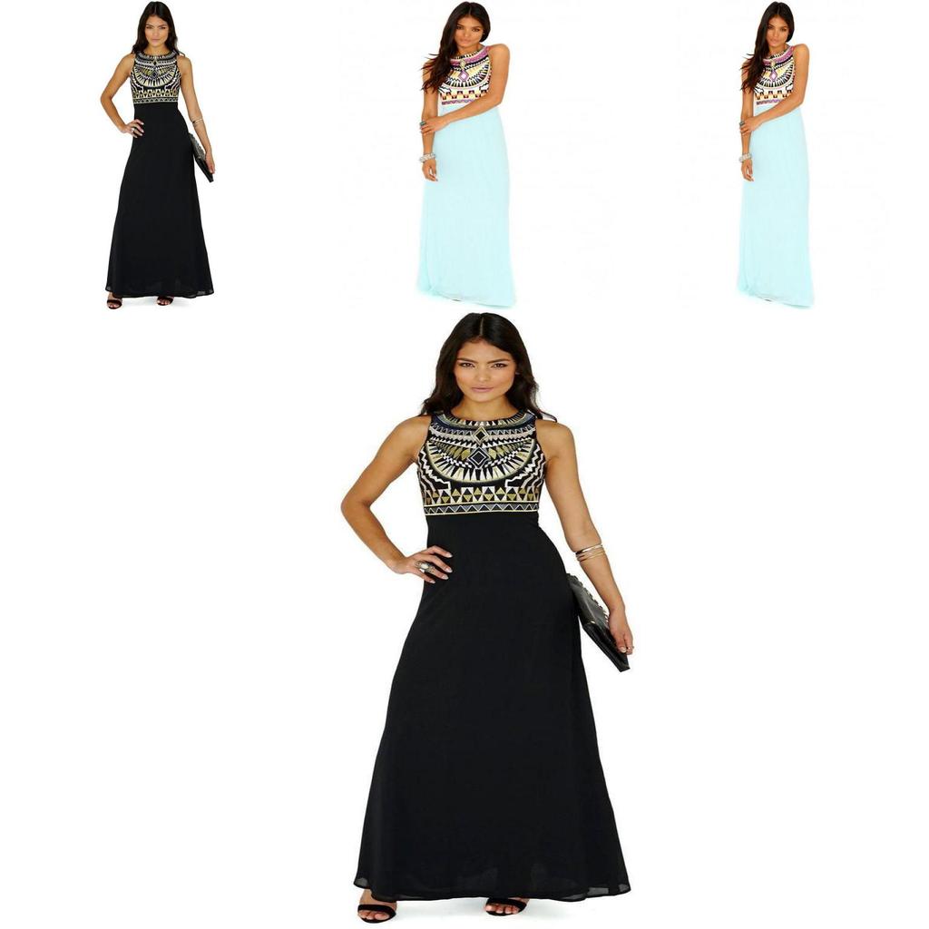 Elegant Women Round Neck Sleeveless Geometric Print Chiffon Dress Long Floor Length Stylish Casual Attire