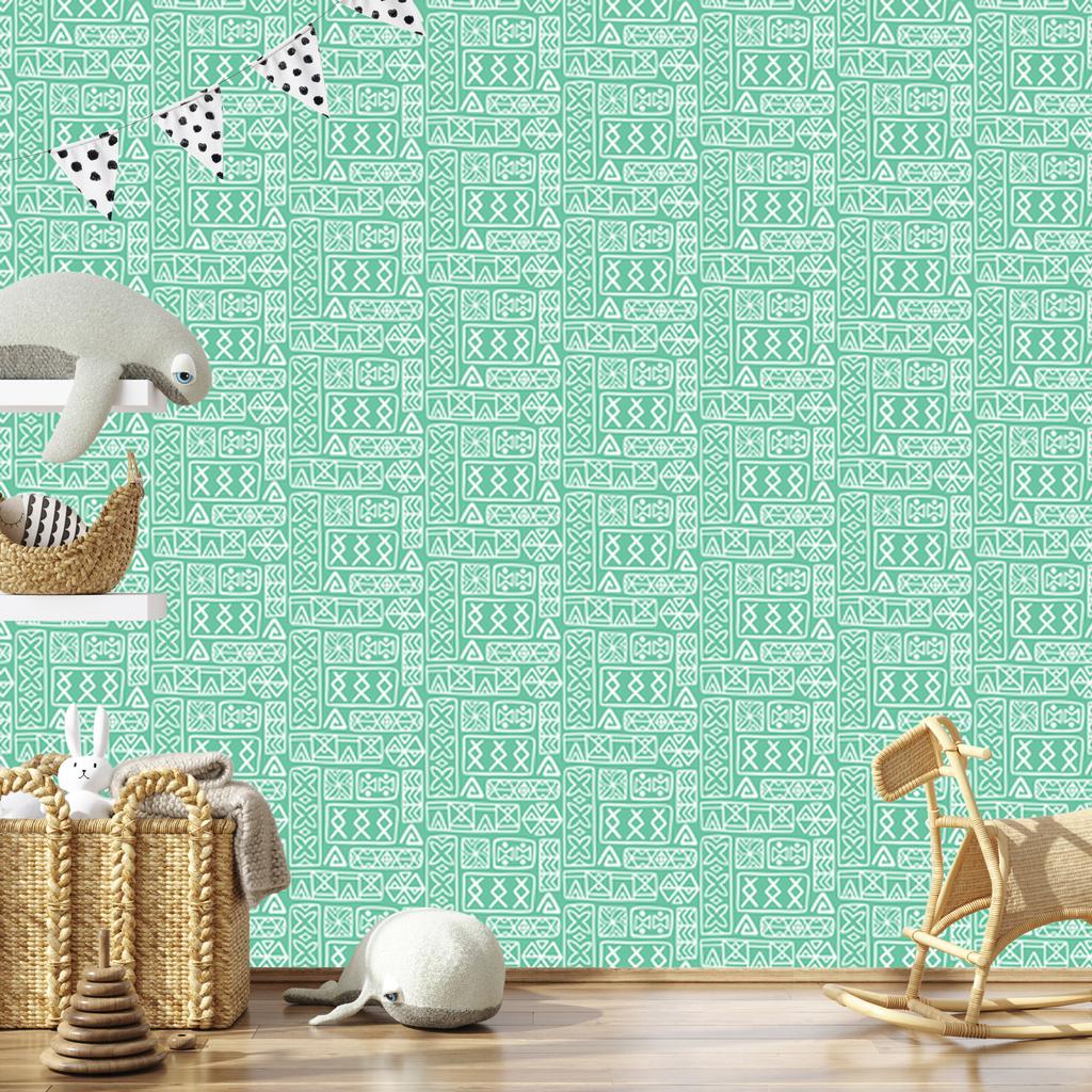 Polynesian Geometric Pattern Wallpaper Mint and Sea 50x1000