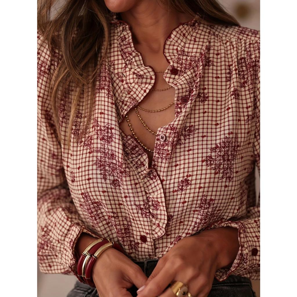 Women's Ruffle Neck Long Sleeve Blouse Loose Fit Street Style Plaid Print Shirt