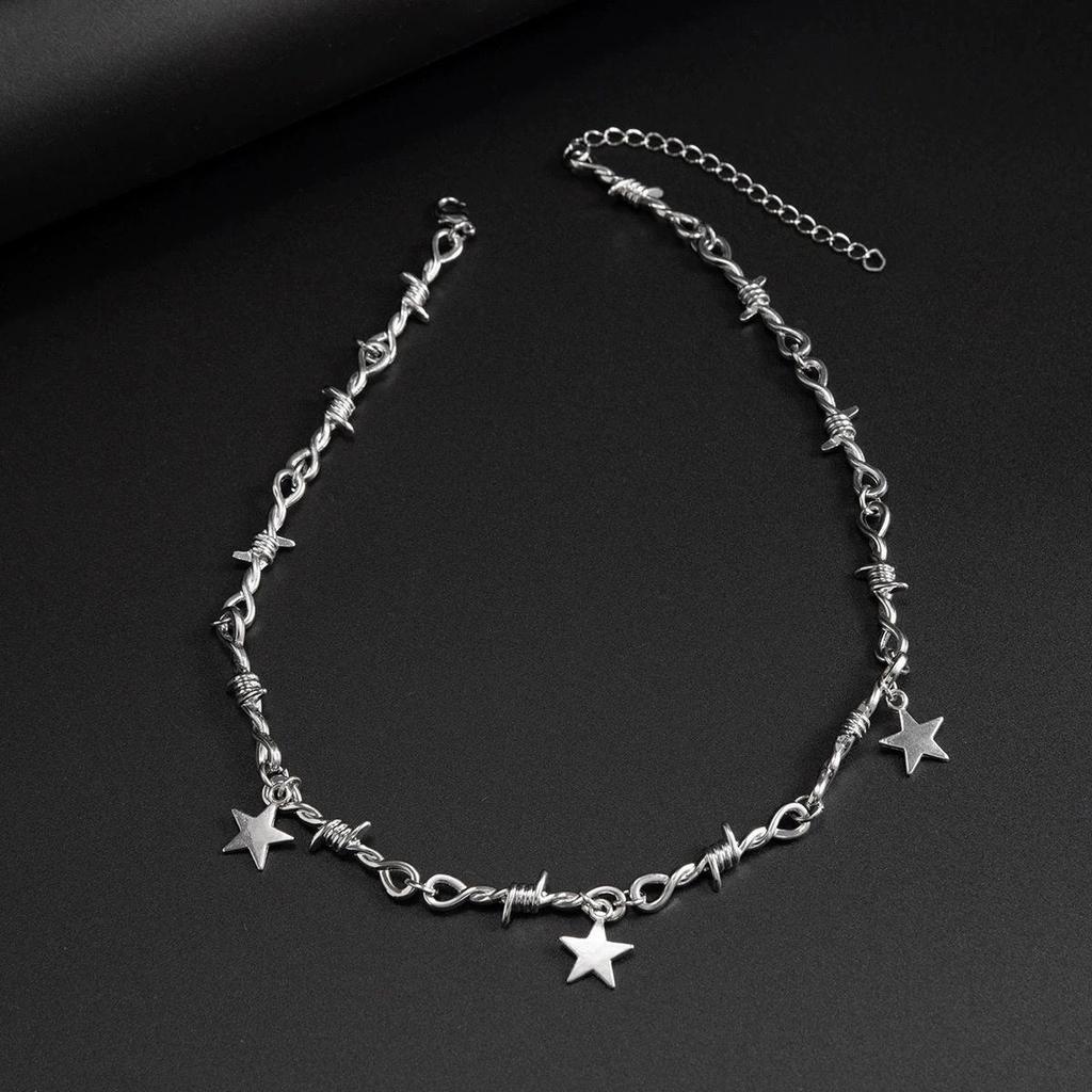 Hip Hop Personality Sliver Color Star Tassel Pendant Thorns Knot Chains Necklace for Women Men Fashion Y2k Collar Chain Jewelry