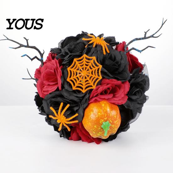 Halloween Flower Bouquet Wedding Bouquets for Bride And Bridesmaid, Gothic Artificial Bouquet, Cobweb Arrangement Black Rose Blooms Fake Centerpiece,