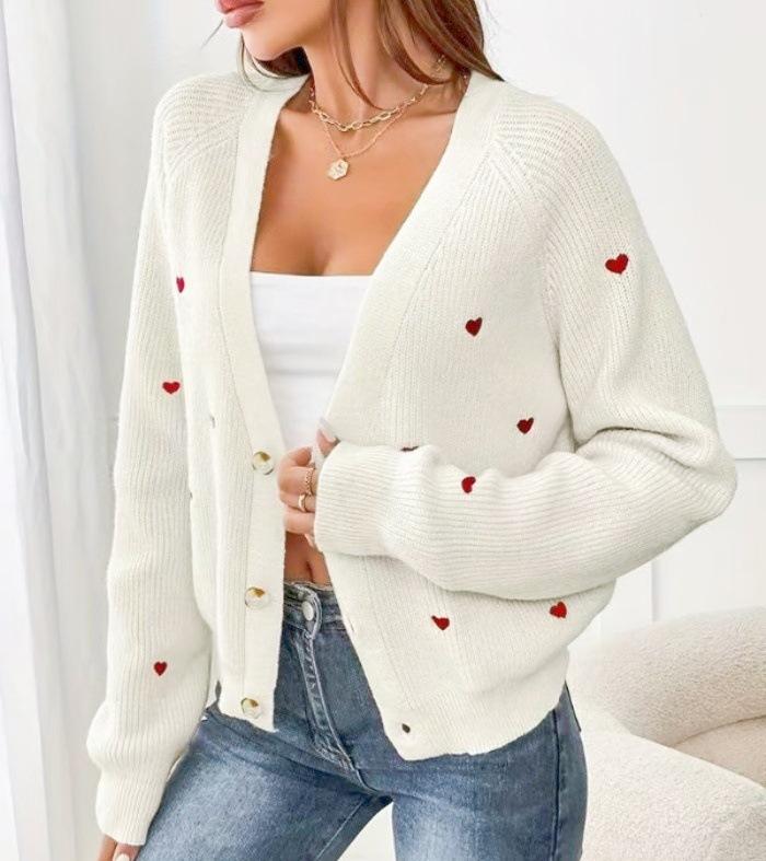 Love embroidered knitted sweater jacket, European, American autumn and winter single-breasted V-neck sweater cardigan for women