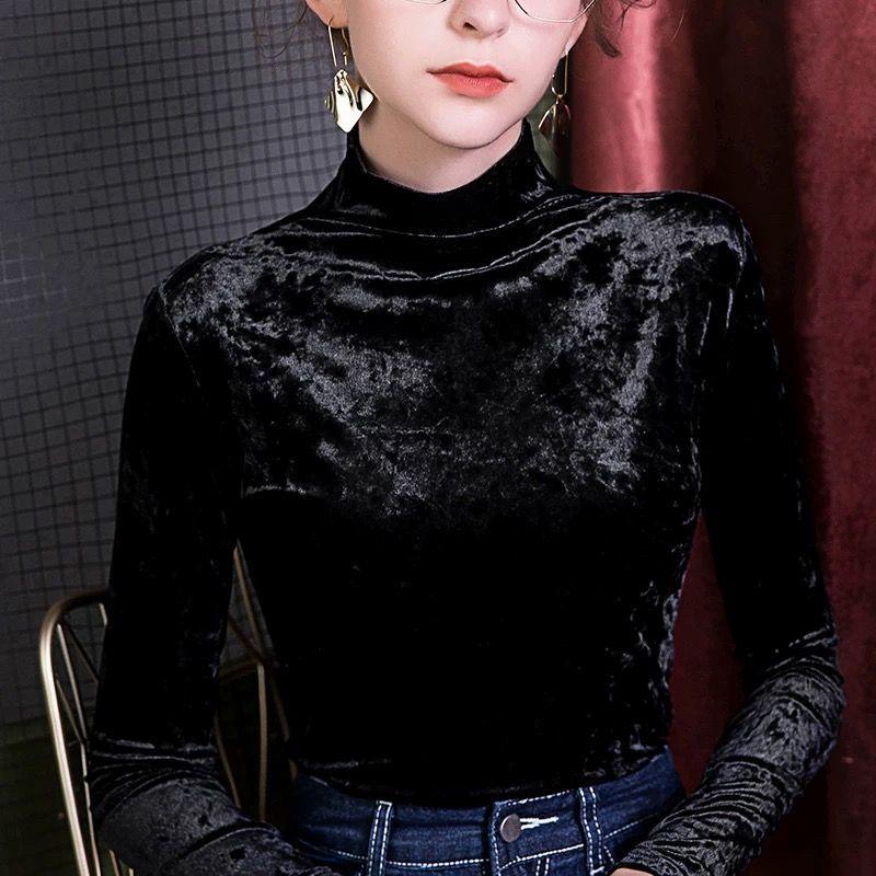 Autumn Winter Women's Velvet Turtleneck Base Shirt Slim Fit Diamond Velvet Long Sleeve T-Shirt Solid Color Stretch Pullover Top