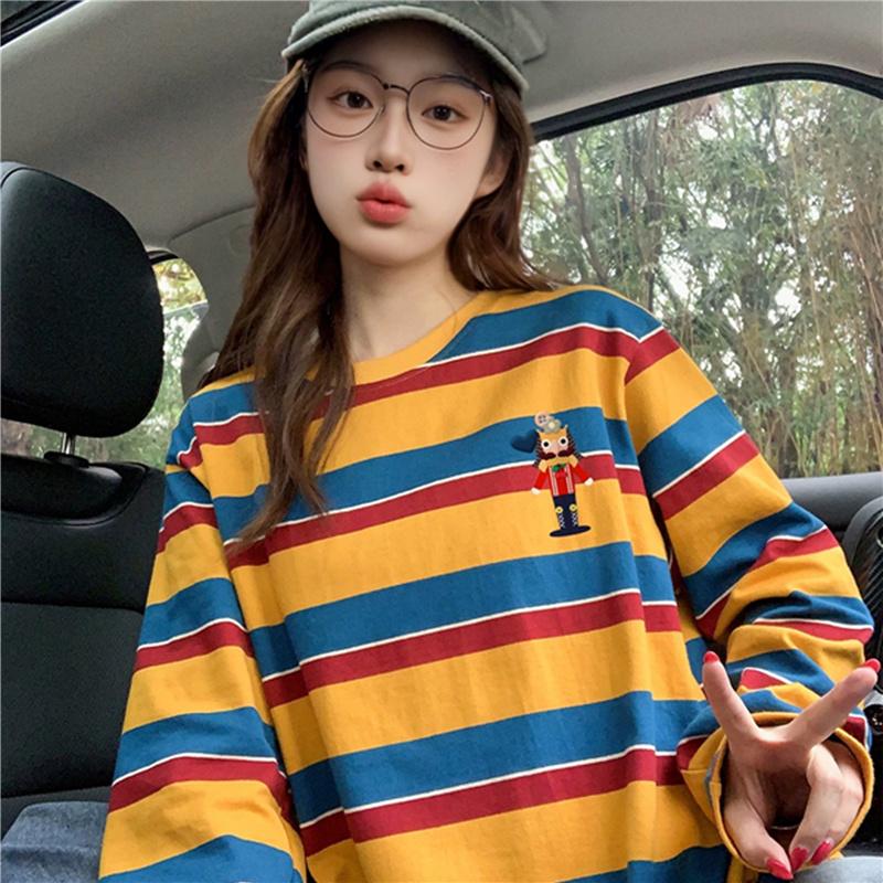 

весна осень корейская молодежная девушка полосатая мультяшная футболка повседневная свободная базовая футболка женская с длинным рукавом студенческие топы y2k футболка XXL
