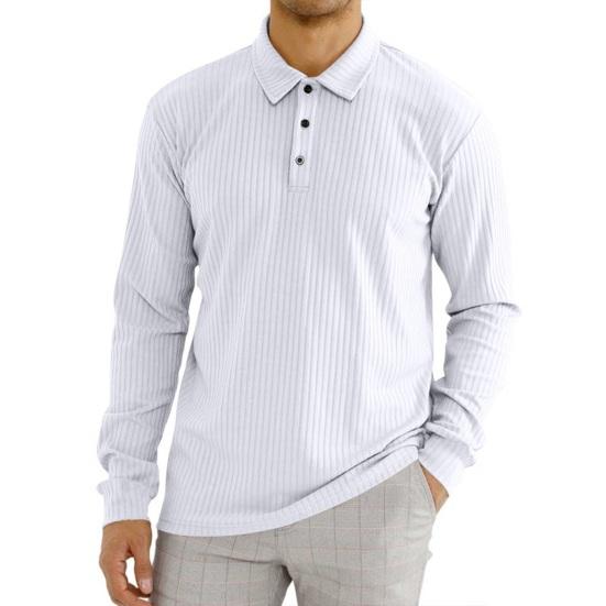 Spring Autumn Men Lapel Buttons Neckline Shirt Tops Long Sleeve Solid Color Vertical Stripes Texture Pullover Tops