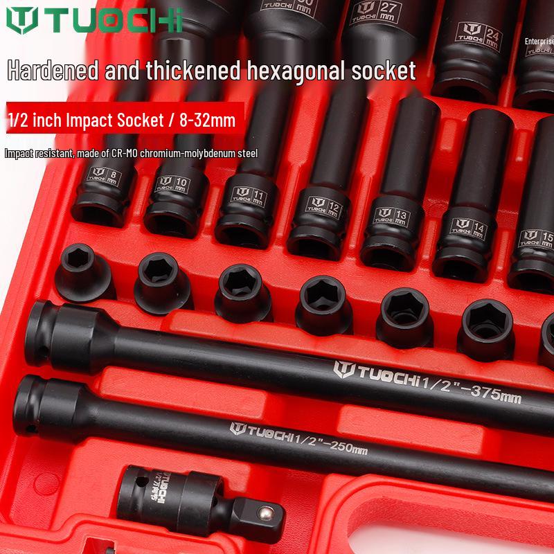 53-Piece 1/2" Heavy-Duty Impact Socket Set with Extended F-Handle and Electric/Pneumatic Hex Head Extension.