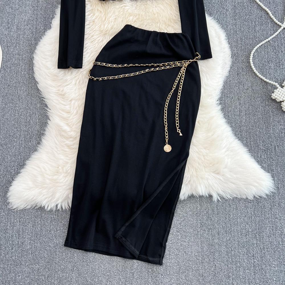 Fashion Suit Women Autumn Chain Halter Camisole Three-Piece Shawl Coat High Waist Bag Hip Skirt