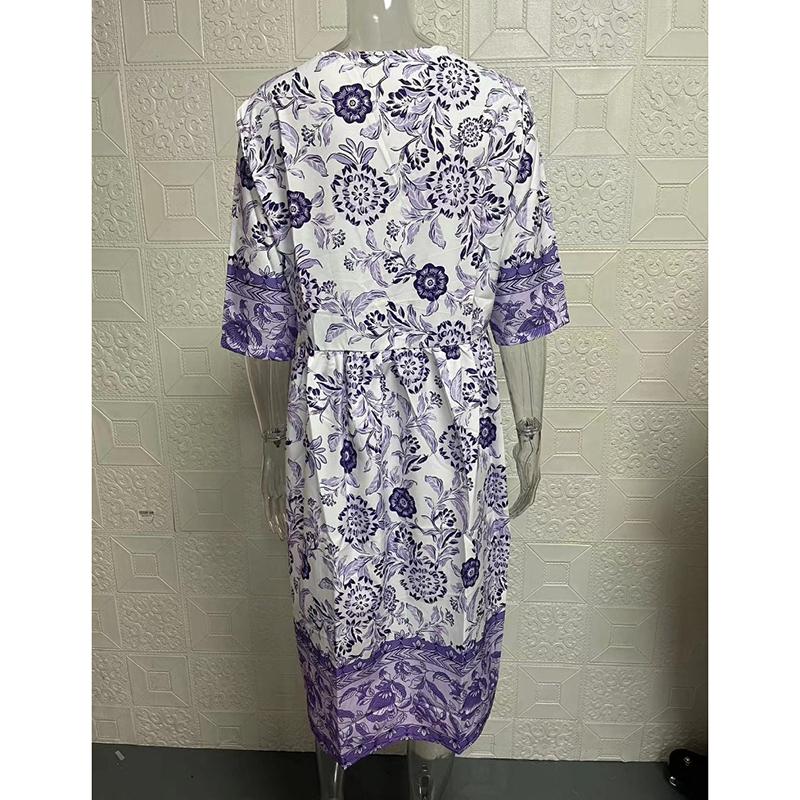 Summer Short Sleeve Print Floral Women's Dress Plus Size Fashion V Neck Elegant Loose Casual Dress Lady Vintage Sexy Club Dresses Female Clothes 25030