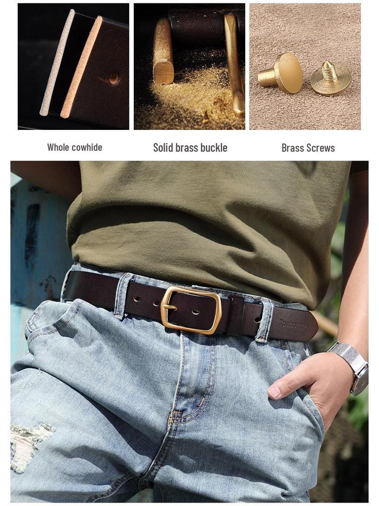 Pánský retro pásek z vrchní vrstvy hovězí kůže s masivní mosaznou kolíčkovou přezkou