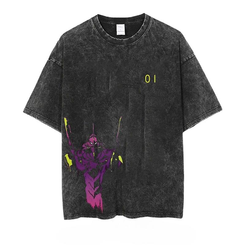Anime Eva Men's T-shirt Washed Vintage Loose Summer Women's Printed Short-sleeved Tees Oversized Gym Y2k Clothes Harajuku Tops