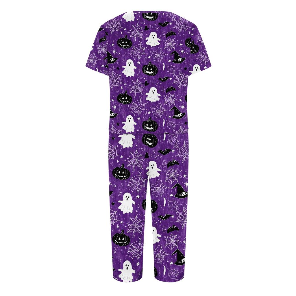 Women's Two Piece Set Halloween Print Short Sleeve Top and Capri Pants Casual Lounge Wear Set for Relaxed Fit Comfort
