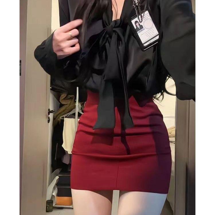 Spicy Girl Spring Suit: Bow-Tie Long Sleeve Shirt & High Waist Skirt Two-Piece Set S (42.5-47.5 kg)
