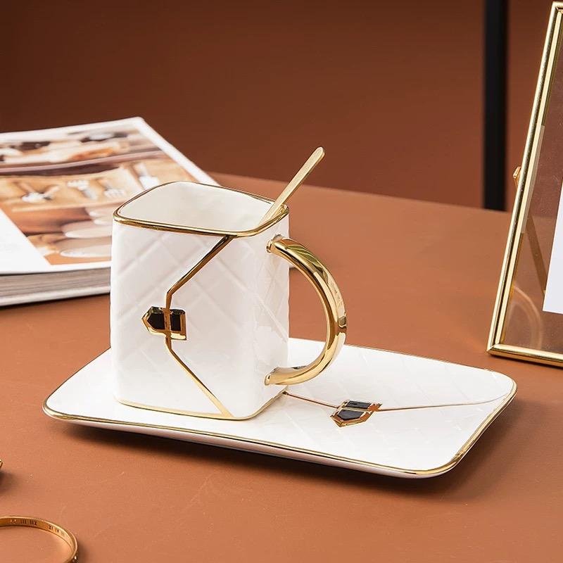 Luxury European Ceramic Coffee Cup Set – Bag Shape Mug with Saucer & Spoon