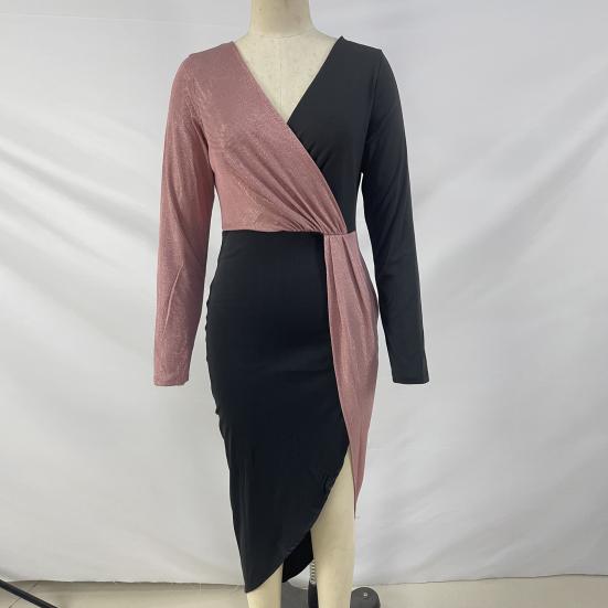 V-Ausschnitt Hüftumspielendes Langarmkleid mit Schlitzsaum Elegant Damen Elegant Glitzer Pailletten Glänzend Patchwork Langes Kleid Partykleidung