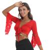 Womens Belly Dance Crop Top Lace Patchwork 3/4 Flared Sleeves Bell Bead Tassel Lace Up Detail Shawl Cardigan