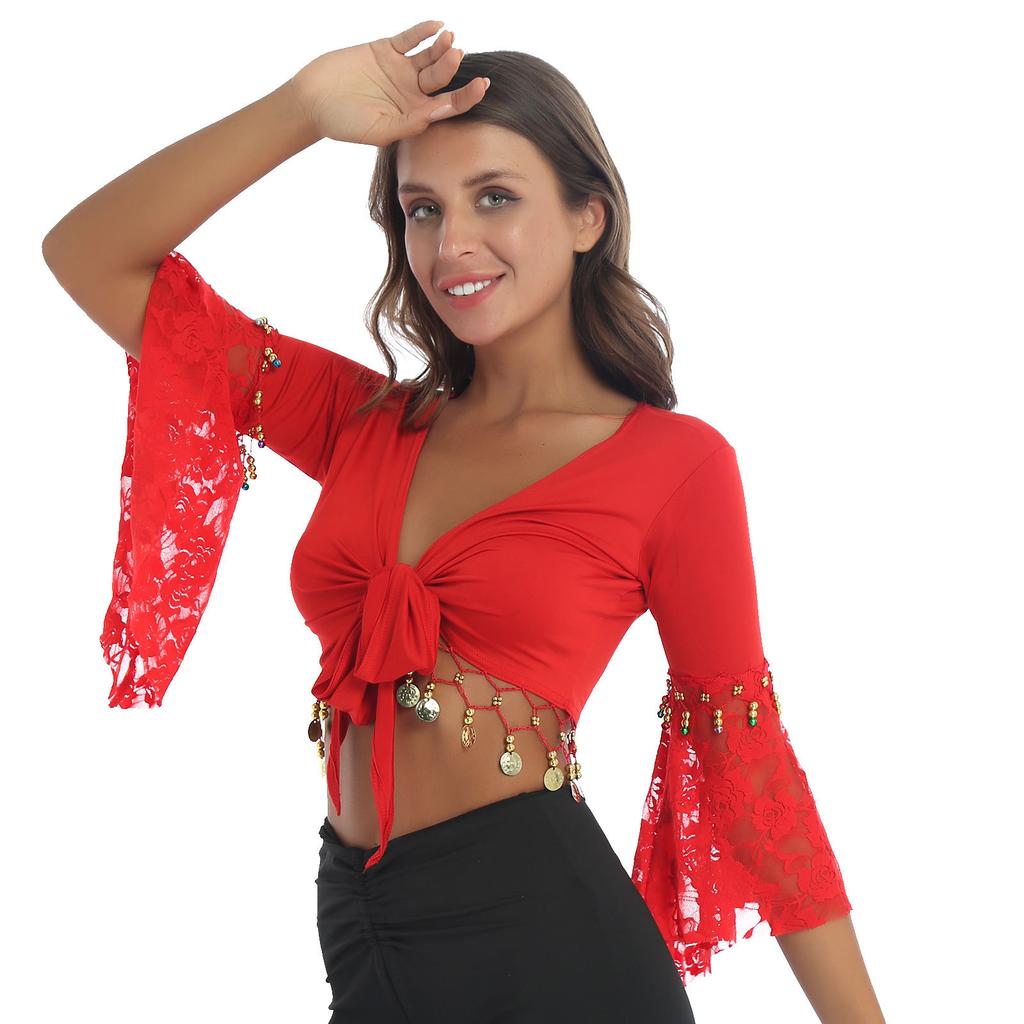 Womens Belly Dance Crop Top Lace Patchwork 3/4 Flared Sleeves Bell Bead Tassel Lace Up Detail Shawl Cardigan