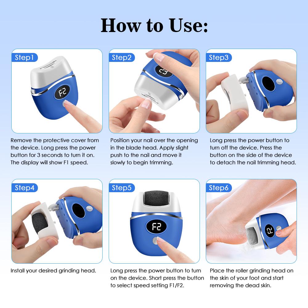 Rechargeable 2-Speed Electric Foot File with 2 Replacement Heads for Removing Dead Skin & Calluses