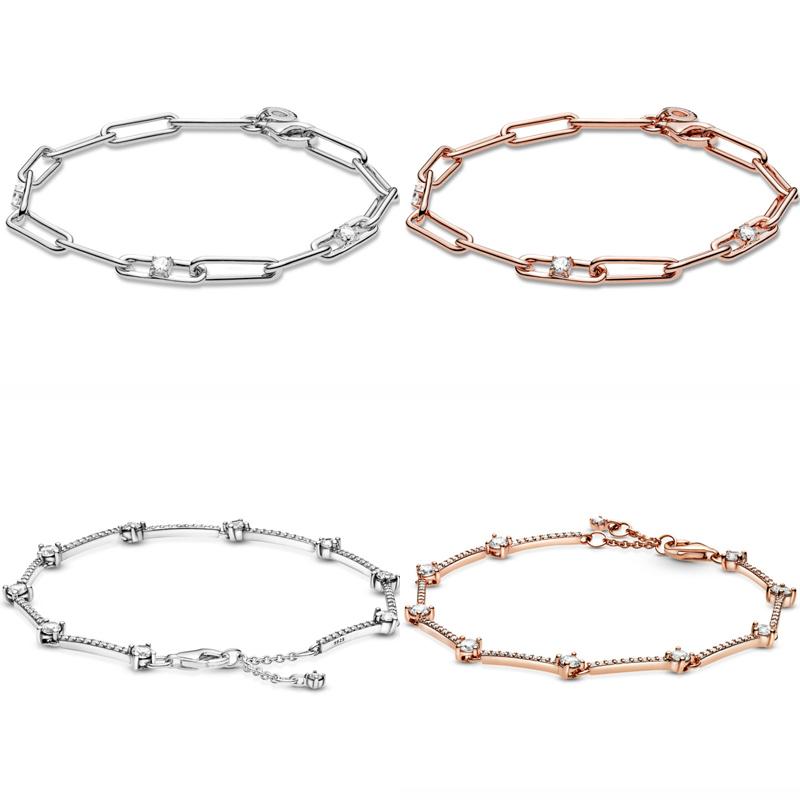 

Сверкающее розовое серебро, цепочка с звеньями и камнями, браслет из стерлингового серебра 925 пробы, модный браслет, подвеска из бисера, ювелирные изделия своими руками