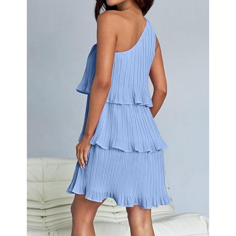 VEZFAA Women's Fashion Summer Spring Solid Color Print Sleeveless Oblique Collar High Waist Casual Dresses