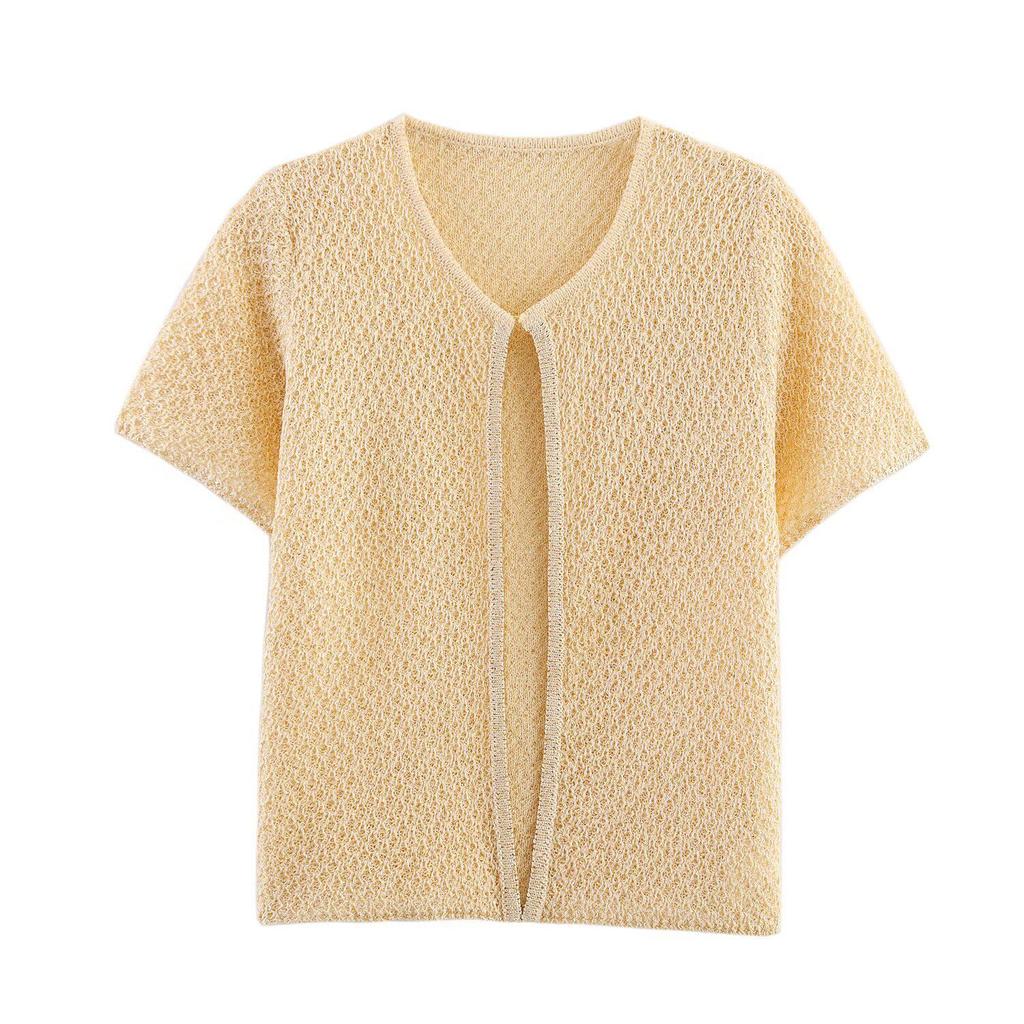 French Elegant Vest 2026 Summer New Women's Fashion Style Simple Bead Decoration Round Neck Vintage Short Sleeve Knitted Tops