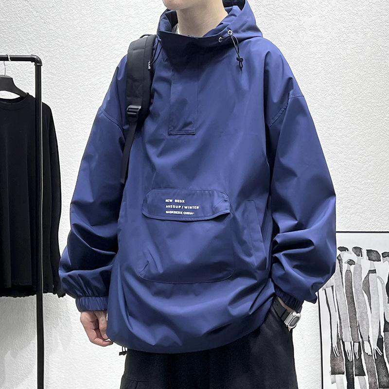 

Мужская осенняя куртка с полумолнией, американская функциональная ветровая ретро-куртка для отдыха на открытом воздухе, мужская осенняя свободная куртка 5XL тёмно-синий