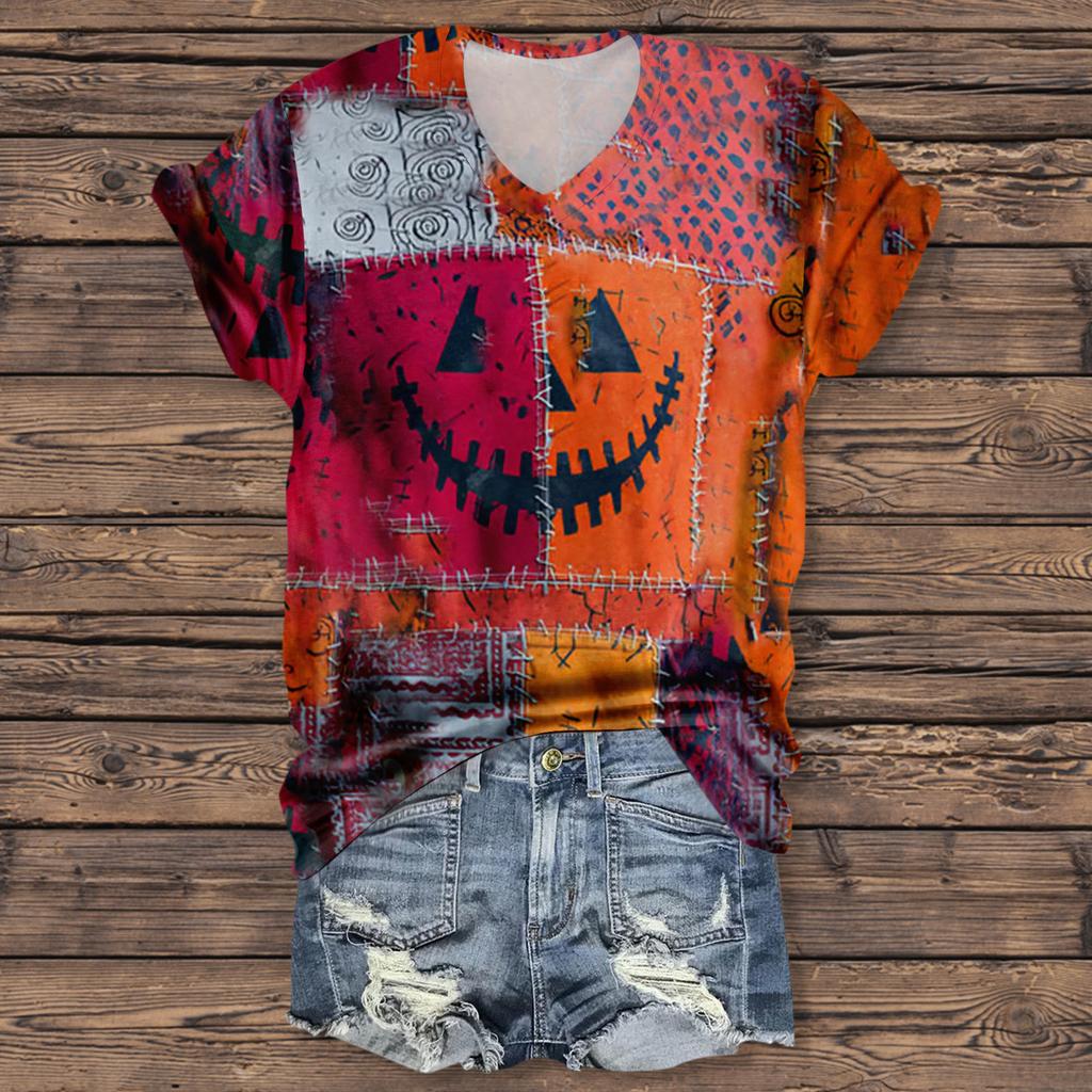 Women's Fashion Casual Three-quarter Sleeve Halloween Letters,  Face Print Top