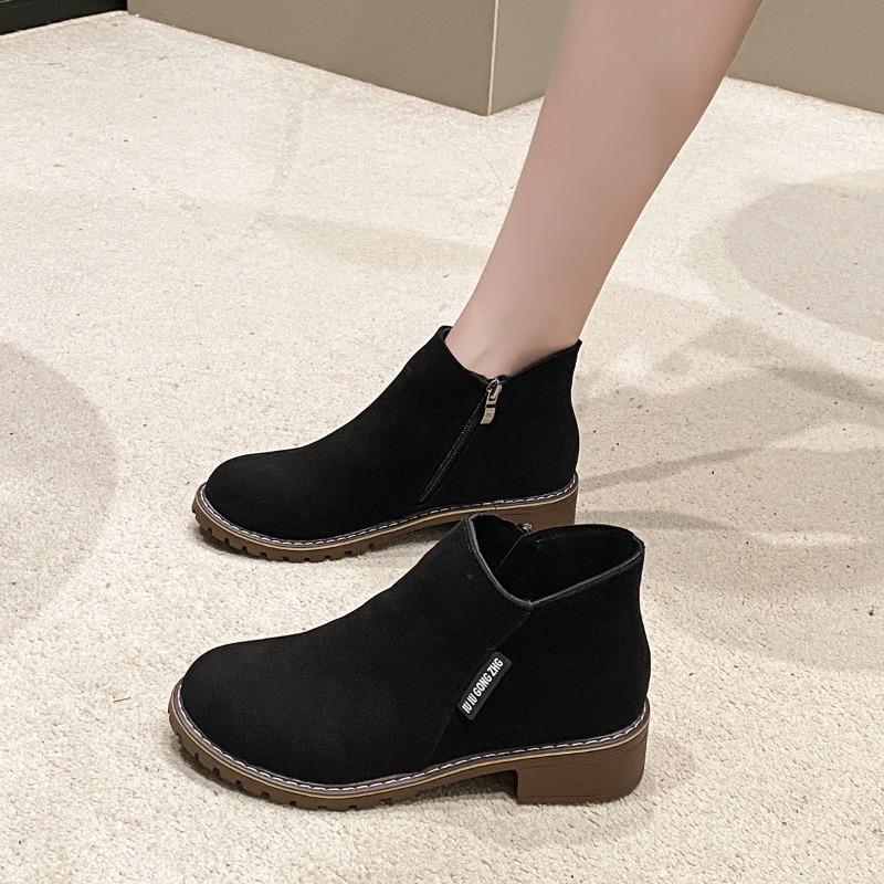 European and Americanforeign Trade Short Tube Medium Heel Retro Matte Short Boots Women's Cross-border Thick Heel Flat Bottom Side Zipper Martin Boots