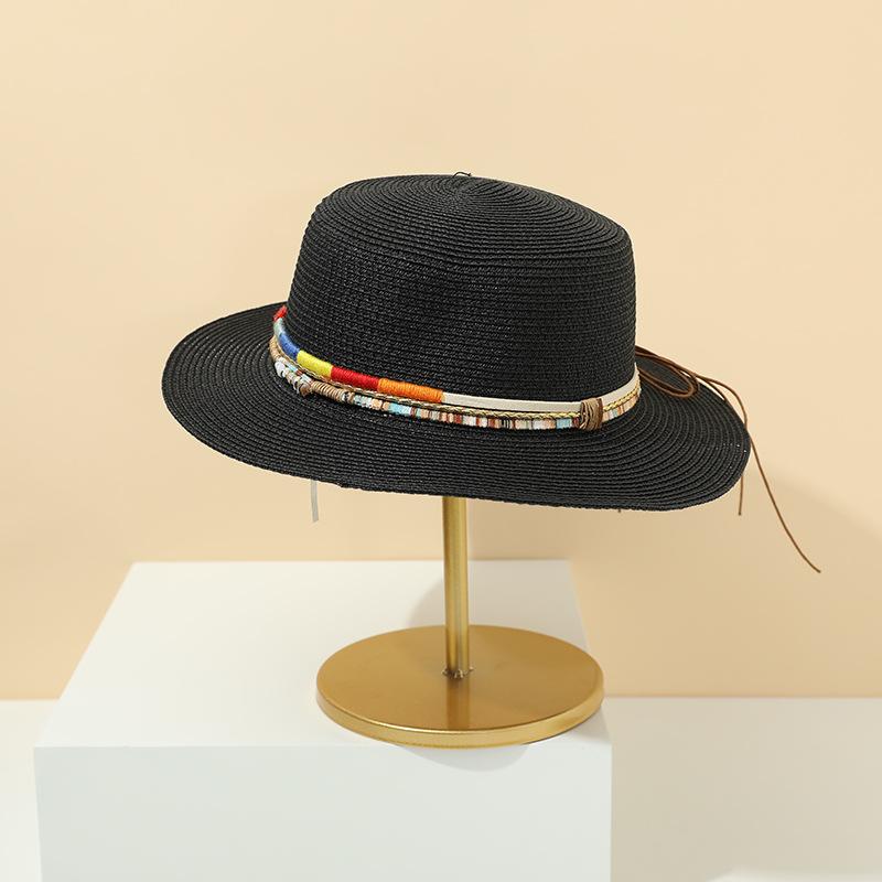 

Соломенная шляпа в стиле бохо с плоскими полями и плоским верхом, детская летняя дорожная шляпа с козырьком от солнца, соломенная шляпа с плоским верхом для женщин чёрный