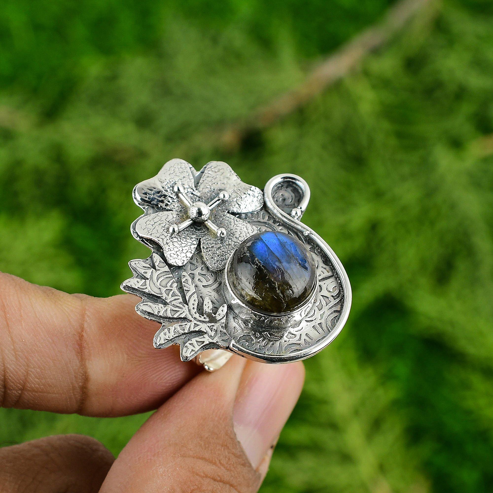 

Natural Labradorite Sterling Silver Boho Multi Stone Flower Mother Ring Jewelry Adjustable