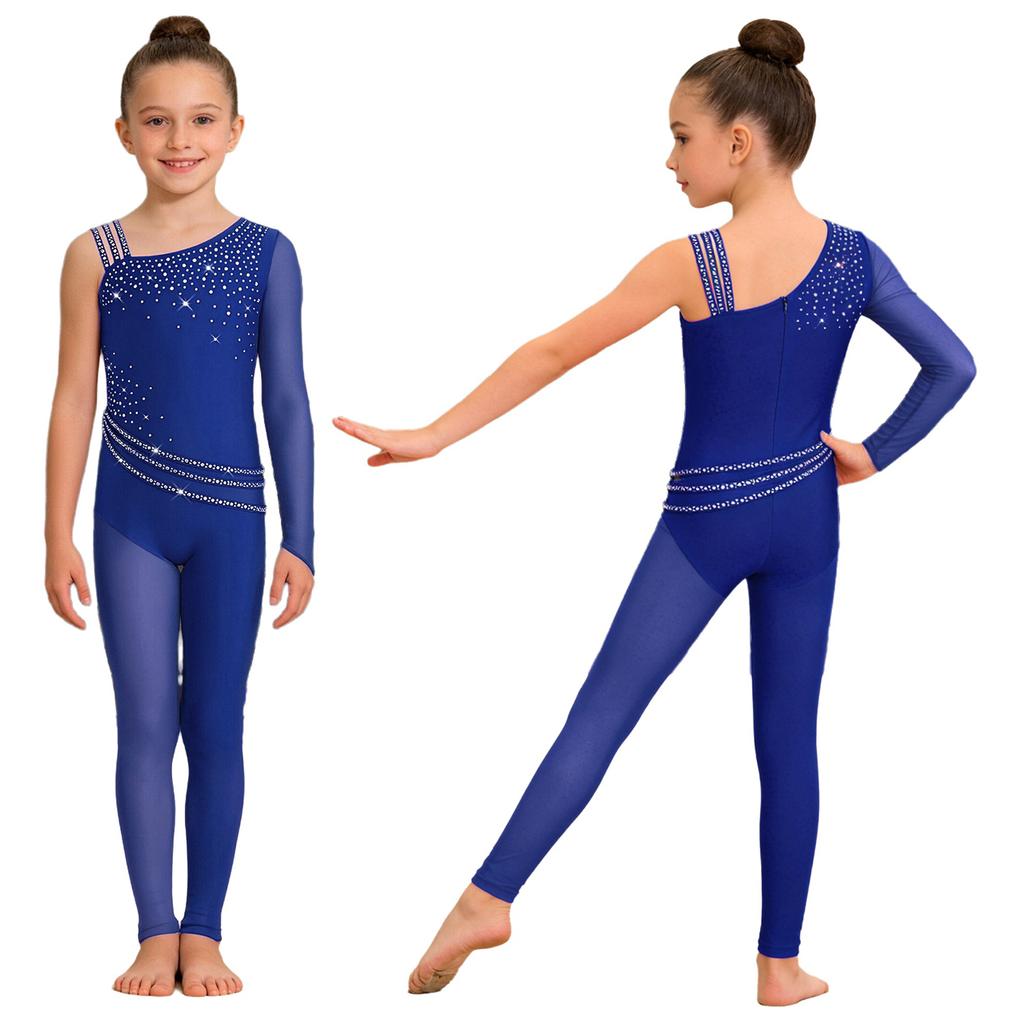 Girls Figure Skating Gymnastics Jumpsuit Asymmetrical Design Back Invisible Zipper Mesh Patchwork Sparkly Rhinestones Bodysuit for Competition