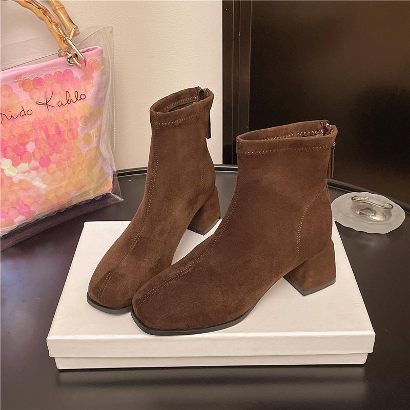 High-heeled brown Martin boots for women's 2025 spring and autumn new super-fire elastic thin boots French thick-heeled small short boots