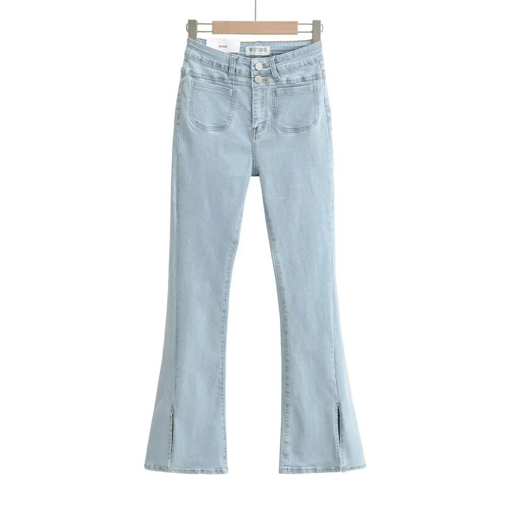 

Autumn Women s High-Waisted Flare Denim Pants with Front Pockets and Side Slits Small светло-синий