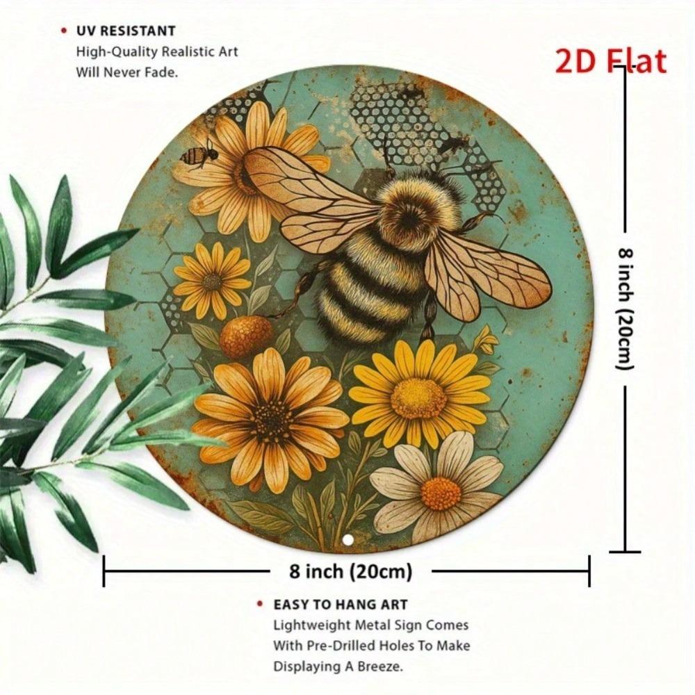 Rustic Bee Floral Round Metal Wall Art Vintage Green Distressed Honeycomb Decor