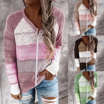 Hollow Out Sweater for Women Casual Long Sleeve Hoodie Pullover Sweatshirts V Neck Striped Drawstring Knitted Blouse