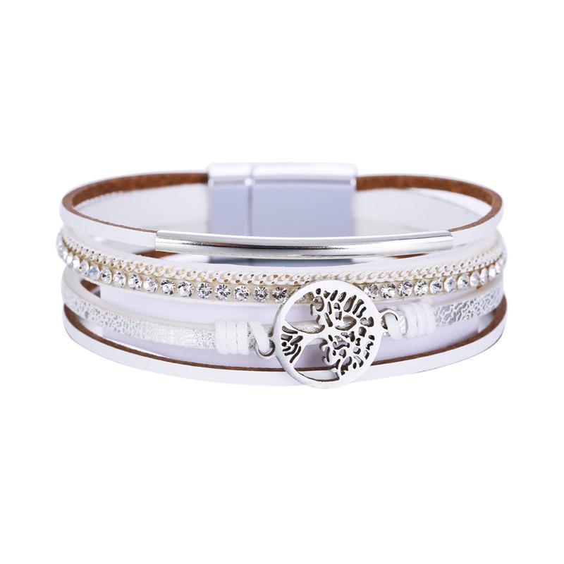 Bohemian Multi-Layer Leather Bracelet with Rhinestone Tree of Life Design