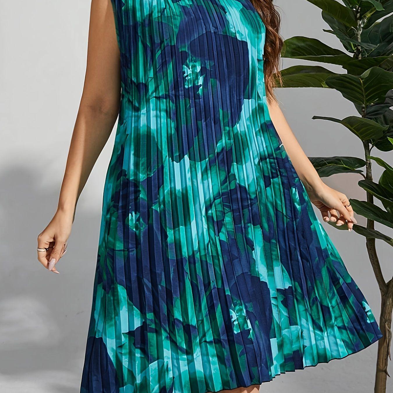 

Plus Size Floral Pleated Sleeveless Midi Dress for Spring/Summer 5XL синій
