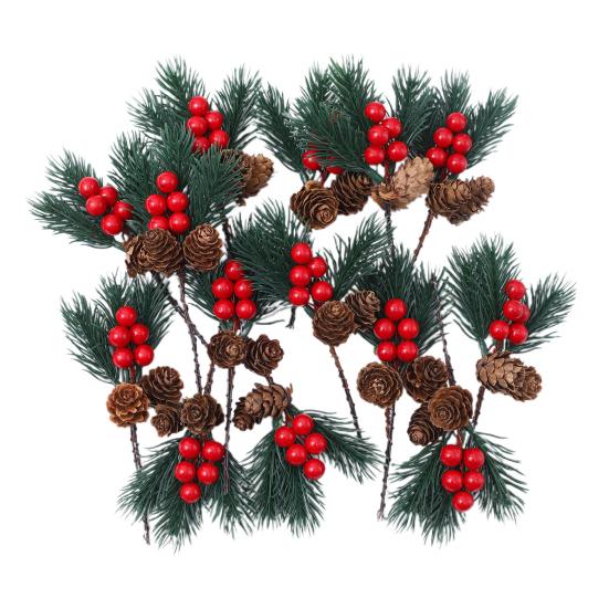 10 Pcs Artificial Pine Needles Branches with Red Berry Mini Pinecone Picks for Gift Wrapping Crafts Holiday Wreath Christmas Tree Decor